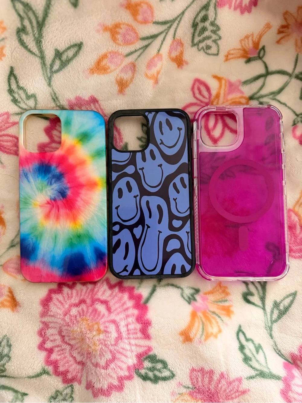 Phone Case Bundle - Tie-Dye, Blue Smiley, and Magenta Clear Cases